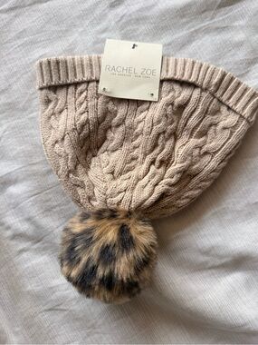 Rachel Zoe Beige Cable Knit Beanie with Leopard-Print Pom